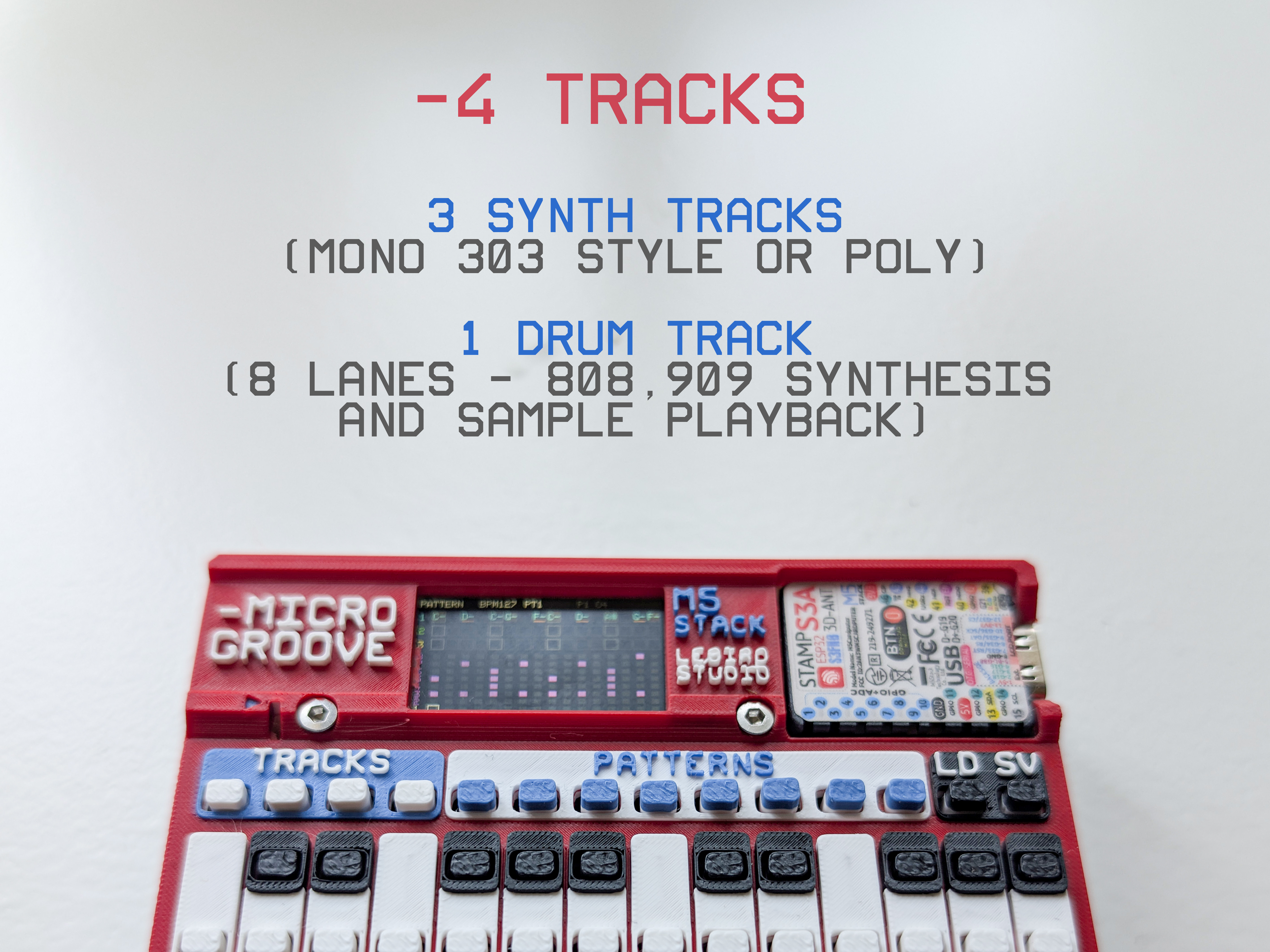 The pattern grid: three synth rows above eight drum lanes